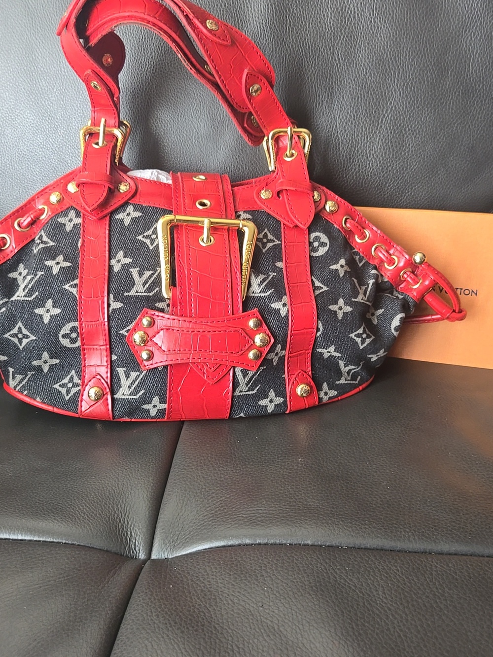 Blue Denim Monogram Shoulder Bag with Red Trim (Rare)